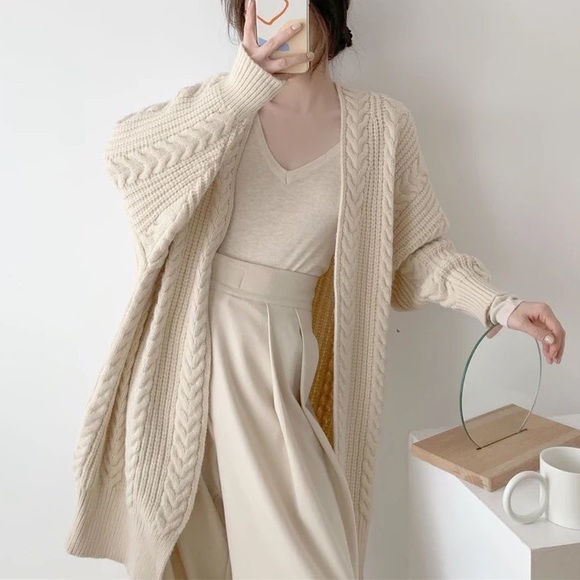 Twist cardigan sweater cable knit cream beige womens knit long sleeve - Picture 9 of 11